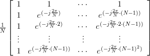 \frac{1}{N}\left[ {\begin{array}{*{20}c}
   1 & 1 &  \cdots  & 1  \\
   1 & {e^{( - j\frac{{2\pi }}{N})} } &  \cdots  & {e^{( - j\frac{{2\pi }}{N} \cdot (N - 1))} }  \\
   1 & {e^{( - j\frac{{2\pi }}{N} \cdot 2)} } & \cdots  & {e^{( - j\frac{{2\pi }}{N} \cdot 2 \cdot (N - 1))} }  \\
    \vdots  &  \vdots  &  \vdots  &  \vdots   \\
   1 & {e^{( - j\frac{{2\pi }}{N} \cdot (N - 1))} } & \cdots  & {e^{( - j\frac{{2\pi }}{N} \cdot (N - 1)^2 )} }  \\
\end{array}} \right]